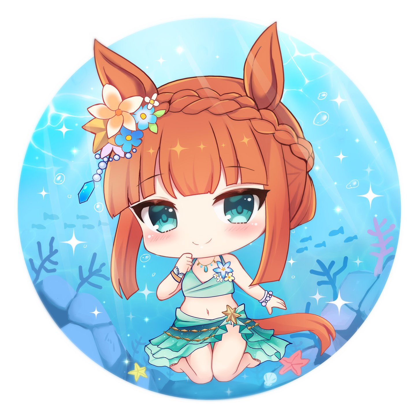 terimuku, silence suzuka (umamusume), umamusume, commentary request, highres, 1girl, animal ears, bare shoulders, barefoot, bikini, blue bikini, blue eyes, blue flower, blush, braid, brown hair, chibi, closed mouth, coral, day, flower, hair flower, hair ornament, horse ears, horse girl, horse tail, knees together feet apart, navel, smile, solo, sparkle, star (symbol), star hair ornament, swimsuit, tail, underwater, water, white flower