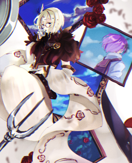 wane (ruki), blacksmith (ragnarok online), sorcerer (ragnarok online), ragnarok online, commentary request, 2boys, black eyes, blonde hair, brown shirt, cape, cup, detached sleeves, drinking, floral print, flower, full body, fur collar, glasses, holding, holding cup, looking at viewer, male focus, multiple boys, painting (object), plate, polearm, purple hair, red-framed eyewear, red flower, red rose, rose, rose print, shirt, short hair, teacup, trident, waist cape, weapon, white cape, white shirt, white sleeves