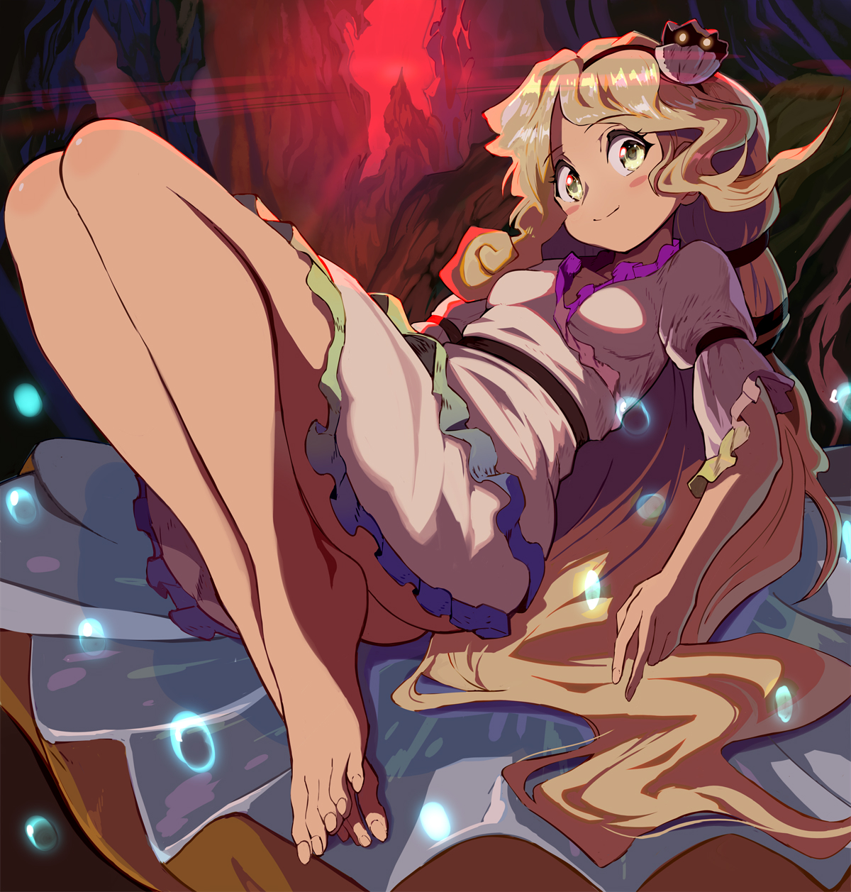syope, watari nina, fossilized wonders, touhou, highres, 1girl, barefoot, blonde hair, blush stickers, closed mouth, dress, feet, foreshortening, frilled dress, frills, full body, green eyes, long hair, looking at viewer, puffy short sleeves, puffy sleeves, shell hair ornament, short sleeves, smile, solo, thighs, toes, white dress