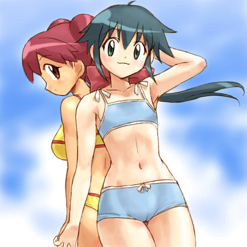 haruyama kazunori, azumaya koyuki, hinata natsumi, keroro gunsou, lowres, 2girls, bikini, bikini shorts, blue bikini, cameltoe, cloud, cowboy shot, day, female focus, flat chest, green eyes, holding hands, multiple girls, ponytail, shorts, sky, swimsuit, tankini, yellow bikini