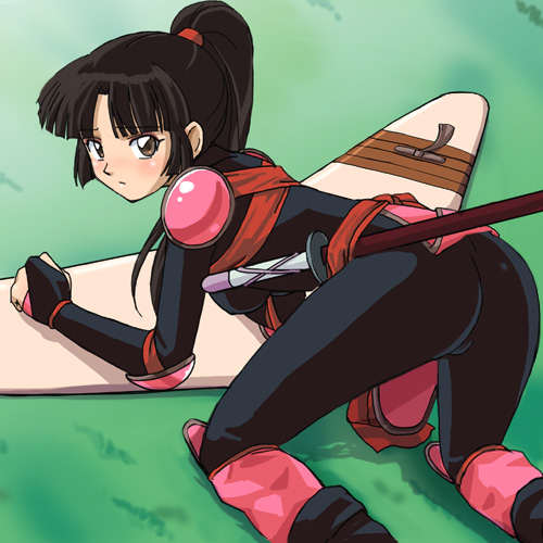 haruyama kazunori, sango (inuyasha), inuyasha, lowres, 1girl, all fours, ass, black bodysuit, blush, bodysuit, boomerang, brown eyes, brown hair, elbow pads, female focus, long hair, looking back, ponytail, shoulder pads, solo, sword, weapon