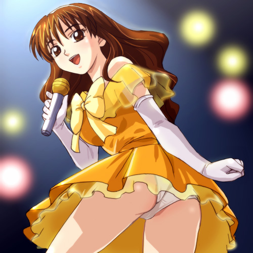 haruyama kazunori, saijou kirari, chouja raideen, raideen (series), lowres, gloves, microphone, music, panties, pantyshot, singing, solo, underwear