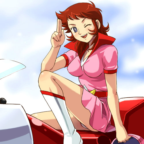 haruyama kazunori, mechander robo, shikishima mika, gasshin sentai mechander robo, lowres, 1970s (style), boots, dress, oldschool, one eye closed, panties, pantyshot, red hair, retro artstyle, solo, underwear, wink