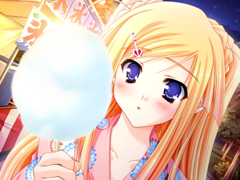 moekibara fumitake, tita flawless brandt, lump of sugar, nursery rhyme, game cg, 1girl, arrow (projectile), blonde hair, blue eyes, blush, braid, cotton candy, dutch angle, female focus, food, hair ornament, hairclip, holding, holding cotton candy, holding food, japanese clothes, kimono, long hair, night, outdoors, pov, purple eyes, solo, yukata