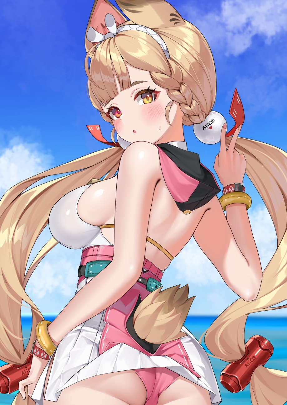 matrix16, alice thymefield, alice thymefield (sea of thyme), zenless zone zero, commentary request, highres, 1girl, :o, animal ears, ass, blonde hair, blue sky, braid, breasts, cloud, day, fingernails, heterochromia, large breasts, long hair, looking at viewer, looking back, low twintails, ocean, official alternate costume, outdoors, rabbit ears, rabbit girl, rabbit tail, red eyes, sideboob, sky, solo, swimsuit, tail, twintails, v, yellow eyes