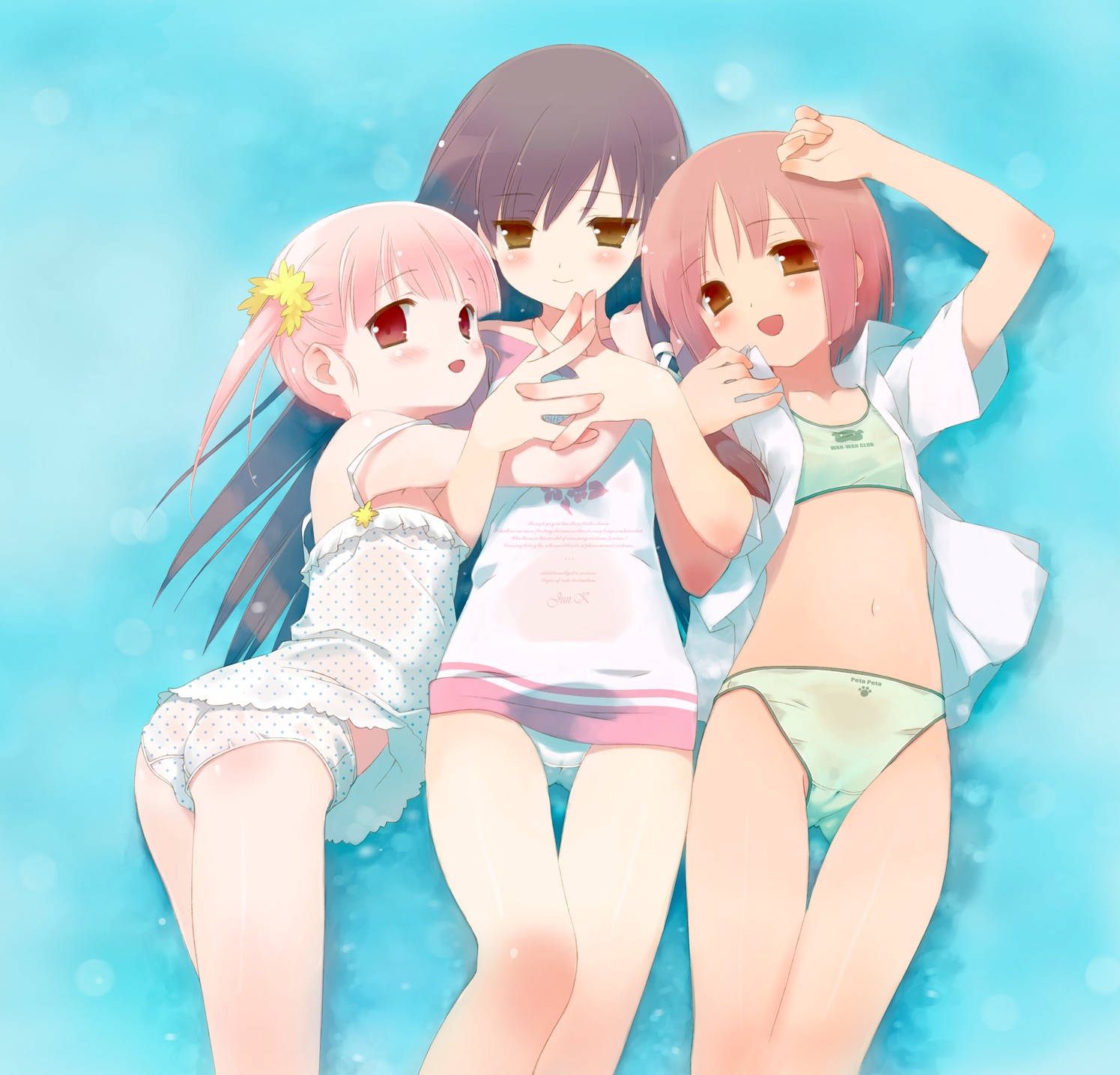 gayarou, akino momiji, kiriyama sakura, sera karen, sakura musubi, highres, 3girls, black hair, blush, bra, cameltoe, camisole, flat chest, green panties, lingerie, loli, long hair, multiple girls, open clothes, open shirt, panties, pink eyes, pink hair, polka dot, polka dot panties, red eyes, shirt, short hair, thigh gap, thighs, underwear, underwear only, water, wet, white panties, yellow eyes