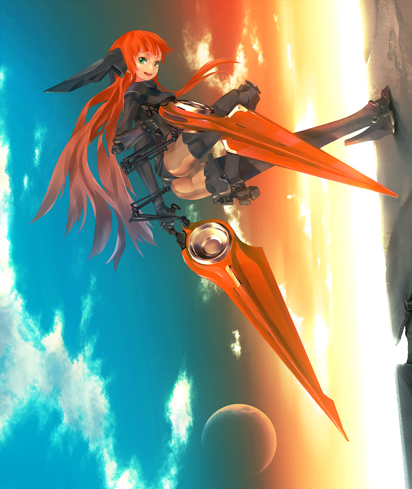 redjuice, ass, green eyes, long hair, mecha, mecha musume, moon, red hair, robot, sky, solo, sunset