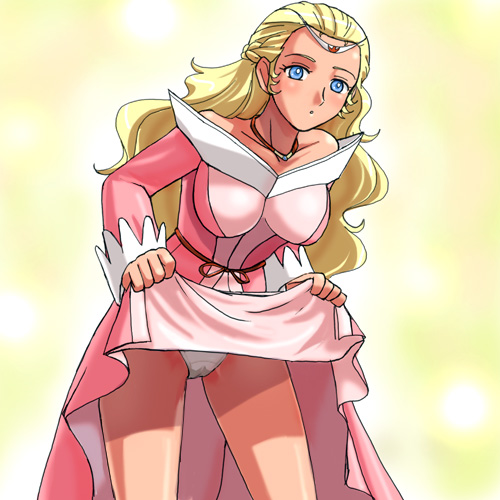 haruyama kazunori, princess farla, hyakujuu-ou golion, toei company, french braid, 1980s (style), lowres, 1girl, bare shoulders, belt, blonde hair, blue eyes, blush, braid, breasts, breasts apart, cameltoe, circlet, clothes lift, cowboy shot, dress, dress lift, female focus, impossible clothes, impossible dress, jewelry, large breasts, leaning forward, legs apart, lifting own clothes, light particles, long hair, long sleeves, necklace, off shoulder, oldschool, outline, panties, pantyshot, parted lips, pink dress, princess, retro artstyle, simple background, skirt, skirt lift, sleeve cuffs, solo, spoiled, standing, underwear, very long hair, wavy hair, white panties, yellow background