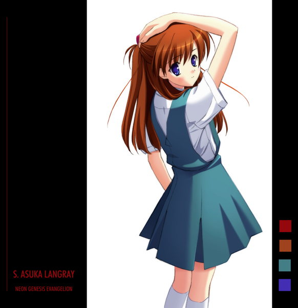 orino yushi, souryuu asuka langley, neon genesis evangelion, 1girl, arm up, blue eyes, blush, brown hair, character name, color guide, copyright name, expressionless, female focus, from side, hair ornament, hand on own head, kneehighs, looking at viewer, looking back, parted bangs, pleated skirt, red hair, school uniform, serafuku, shirt, short sleeves, simple background, skirt, socks, solo, suspender skirt, suspenders, two side up, white background, white socks