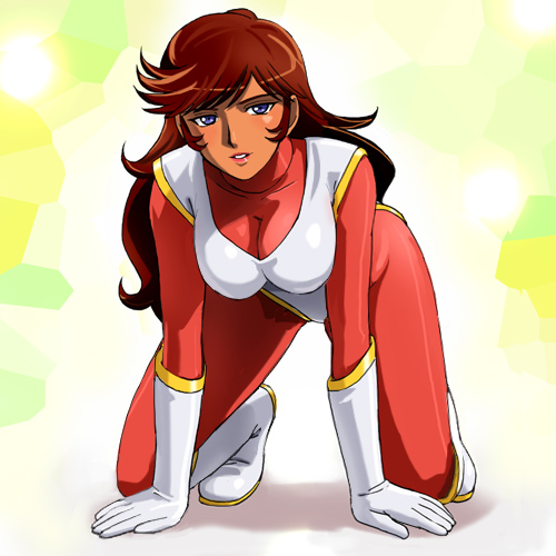 haruyama kazunori, honoo jun, great mazinger, mazinger (series), toei company, lowres, 1970s (style), 1girl, all fours, blue eyes, blush, bodysuit, dark-skinned female, dark skin, female focus, gloves, long hair, looking at viewer, oldschool, retro artstyle, skin tight, solo