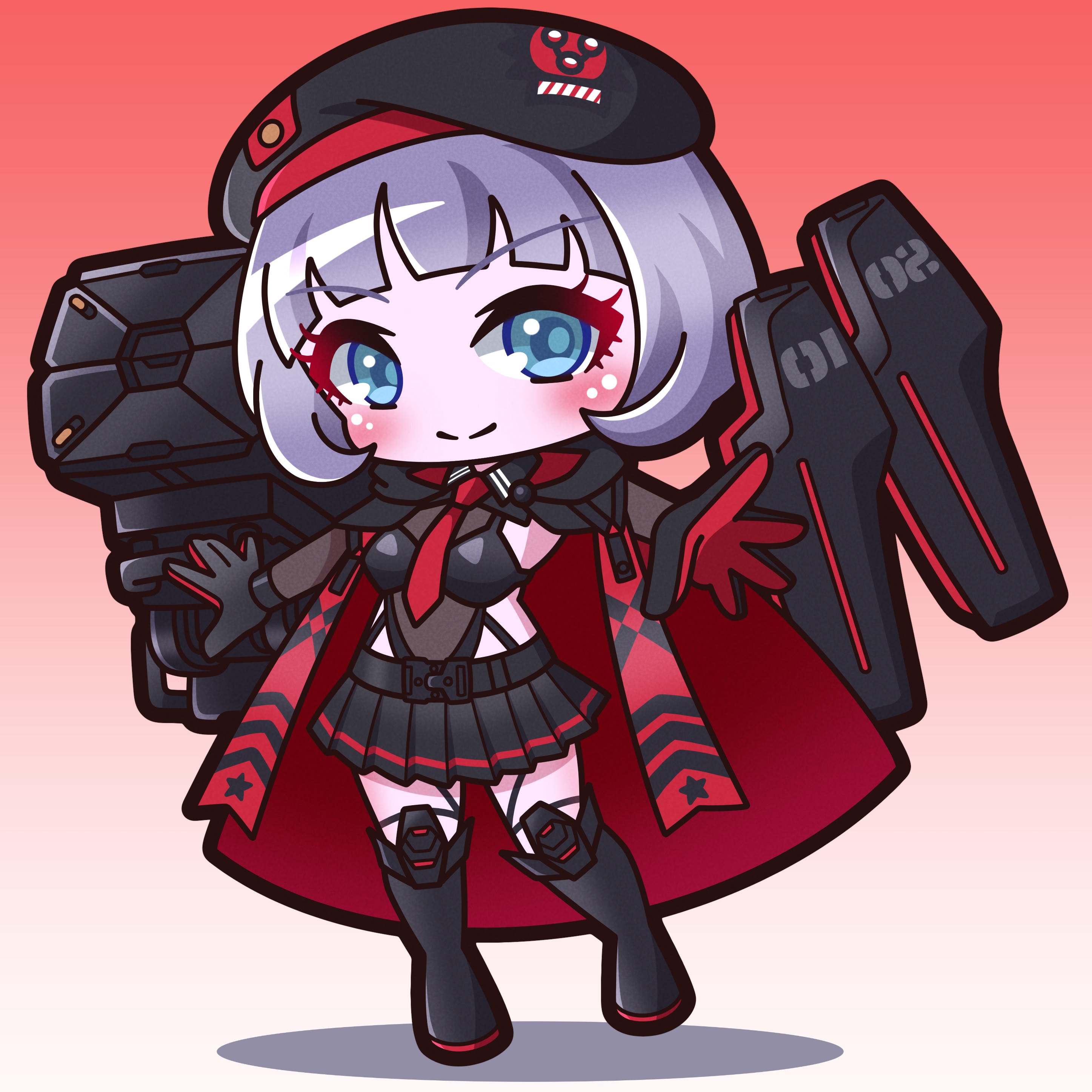 saishosaisekojo, vesti (nikke), vesti (tactical upgrade) (nikke), goddess of victory: nikke, absurdres, commentary request, highres, >:), 1girl, beret, black boots, black gloves, black hat, black skirt, blue eyes, blush, boots, breasts, cape, chibi, closed mouth, full body, gloves, gradient background, grey background, grey hair, hat, knee boots, looking at viewer, medium breasts, necktie, outstretched arm, pleated skirt, red background, red cape, red gloves, red necktie, shadow, skirt, smile, solo, standing, standing on one leg, v-shaped eyebrows