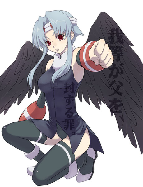 yukitsuki hisa, mutsumi (utawarerumono), utawarerumono, 00s, 1girl, blue hair, breasts, female focus, red eyes, simple background, solo, thighhighs, white background, wings
