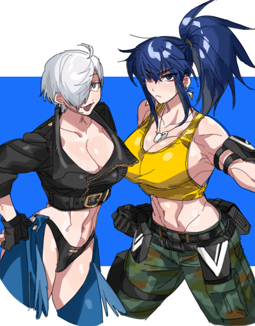 secondary 0000, angel (kof), leona heidern, snk, the king of fighters, the king of fighters xiv, highres, abs, arm pouch, backless pants, bare shoulders, biceps, black gloves, blue eyes, blue hair, bra, breasts, camouflage, camouflage pants, cargo pants, chaps, cleavage, crop top, cropped jacket, dog tags, earrings, fingerless gloves, gloves, hair over one eye, jacket, jewelry, large breasts, leather, leather jacket, long hair, looking at viewer, midriff, muscular, muscular female, navel, panties, pants, ponytail, short hair, smile, soldier, solo, strapless, strapless bra, tank top, toned, toned female, triangle earrings, underwear, white hair, yellow tank top