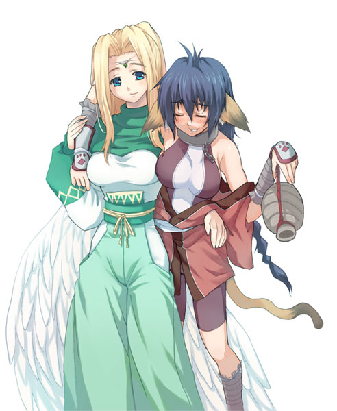 yukitsuki hisa, karulau, ulthury, utawarerumono, 00s, 2girls, animal ears, blonde hair, blue eyes, blue hair, blush, bottle, braid, breasts, carrying, closed eyes, collar, dog ears, dog tail, dress, drunk, gourd, green dress, green eyes, holding, kneehighs, large breasts, long hair, looking at viewer, multiple girls, parted bangs, shorts, simple background, smile, socks, standing, tail, white background, wings