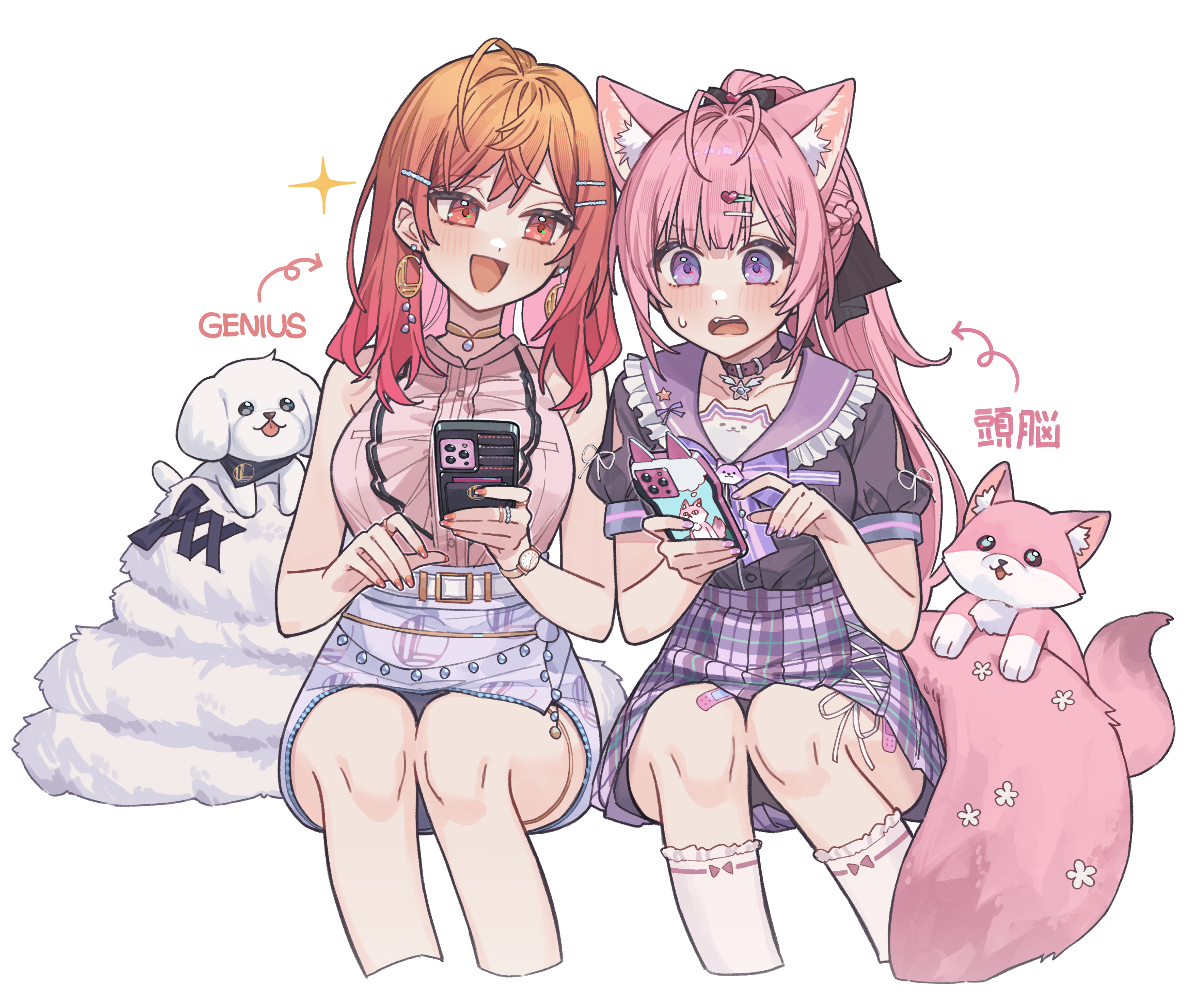 tsukino (nakajimaseiki), hakui koyori, hakui koyori (school uniform), ichijou ririka, ichijou ririka (1st costume), kokoro (hakui koyori), hololive, hololive dev is, absurdres, commentary request, highres, translation request, 2girls, ahoge, animal ears, antenna hair, bandaid, bandaid on leg, belt, belt collar, black ribbon, blush, bow, braid, breasts, cellphone, choker, collar, cropped legs, earrings, fang, fingernails, frilled sailor collar, frilled shirt, frills, gradient hair, hair ornament, hair ribbon, hairclip, heart, heart hair ornament, high ponytail, holding, holding phone, jewelry, knees, large breasts, long hair, looking at another, multicolored hair, multiple girls, nail polish, open mouth, orange eyes, orange hair, orange nails, pendant choker, phone, pink bandaid, pink bow, pink hair, pink nails, pink sailor collar, pink shirt, pink skirt, plaid clothes, plaid skirt, ponytail, purple belt, purple bow, purple choker, purple collar, purple eyes, purple serafuku, ribbon, sailor collar, school uniform, serafuku, shirt, short sleeves, simple background, sitting, skirt, sleeveless, sleeveless shirt, smartphone, smile, socks, star ornament, striped bow, sweatdrop, tail, teeth, thighs, uni (ichijou ririka), upper teeth only, virtual youtuber, watch, white background, white belt, white shirt, white skirt, white socks, wolf ears, wolf girl, wolf tail, wristwatch
