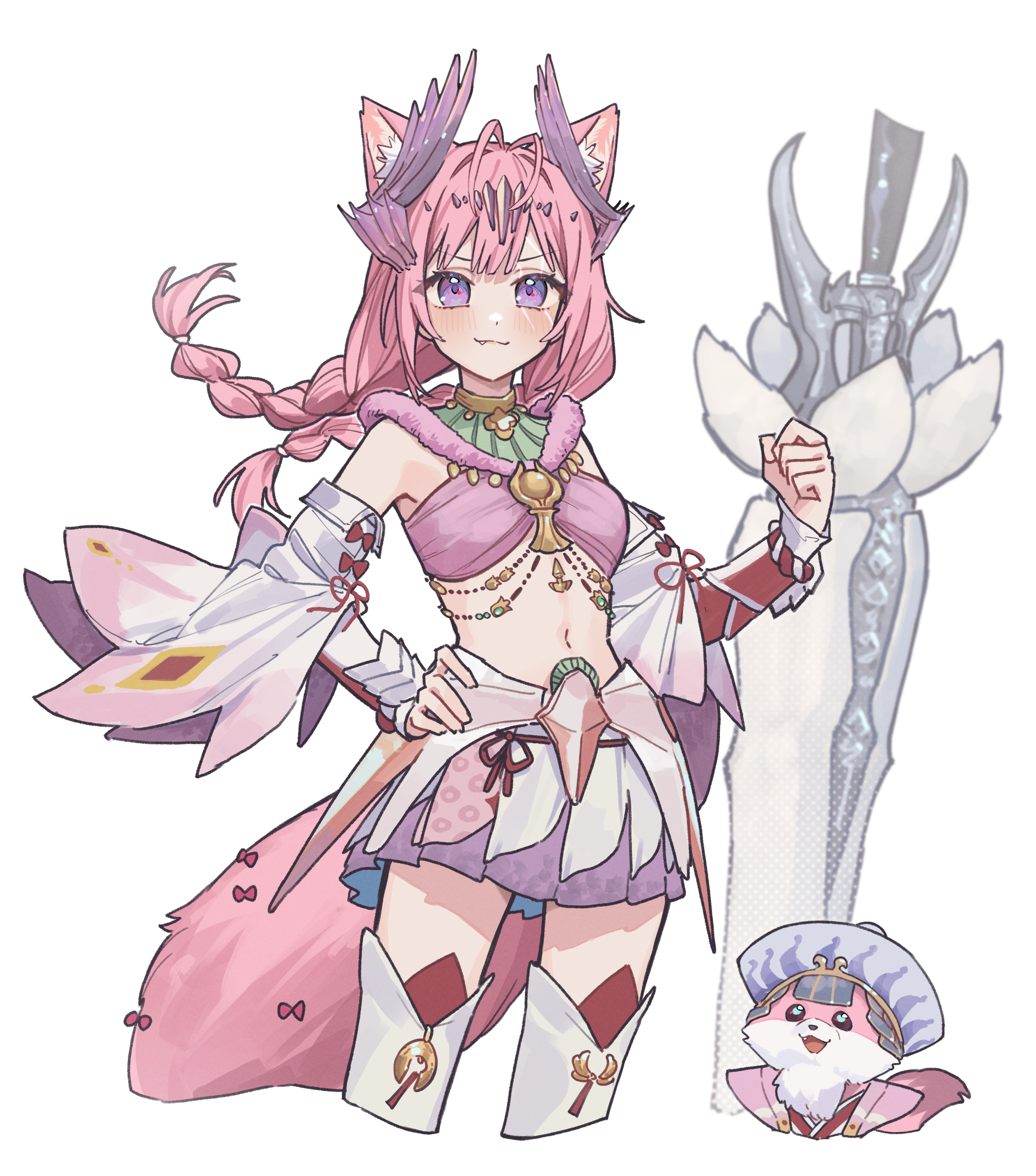 tsukino (nakajimaseiki), hakui koyori, kokoro (hakui koyori), hololive, absurdres, animal request, commentary request, highres, 1girl, alternate costume, animal ear fluff, animal ears, antenna hair, blush, bow, braid, closed mouth, cropped legs, detached sleeves, eyes visible through hair, fang, fang out, hand on own hip, long hair, looking at viewer, navel, pink hair, planted, purple eyes, red bow, red ribbon, ribbon, simple background, skirt, smile, solo, tail, tail bow, tail ornament, tassel, twin braids, virtual youtuber, weapon, white background, wolf ears, wolf girl, wolf tail