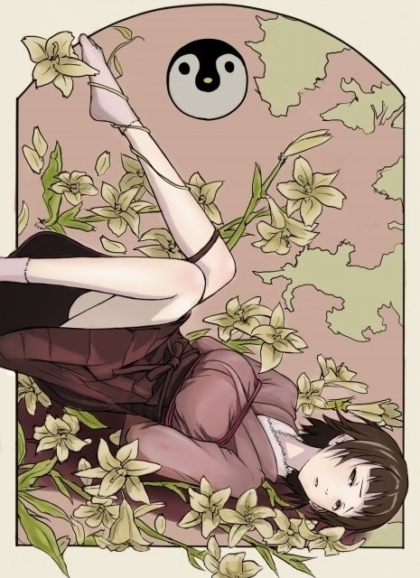 ina (gokihoihoi), tsunetsuki matoi, sayonara zetsubou sensei, jpeg artifacts, 00s, 1girl, art nouveau, bdsm, bondage, bound, brown eyes, brown hair, female focus, flower, hakama, hakama skirt, japanese clothes, lying, meiji schoolgirl uniform, plantar flexion, rope, shiabri, shibari, short hair, skirt, solo, tabi