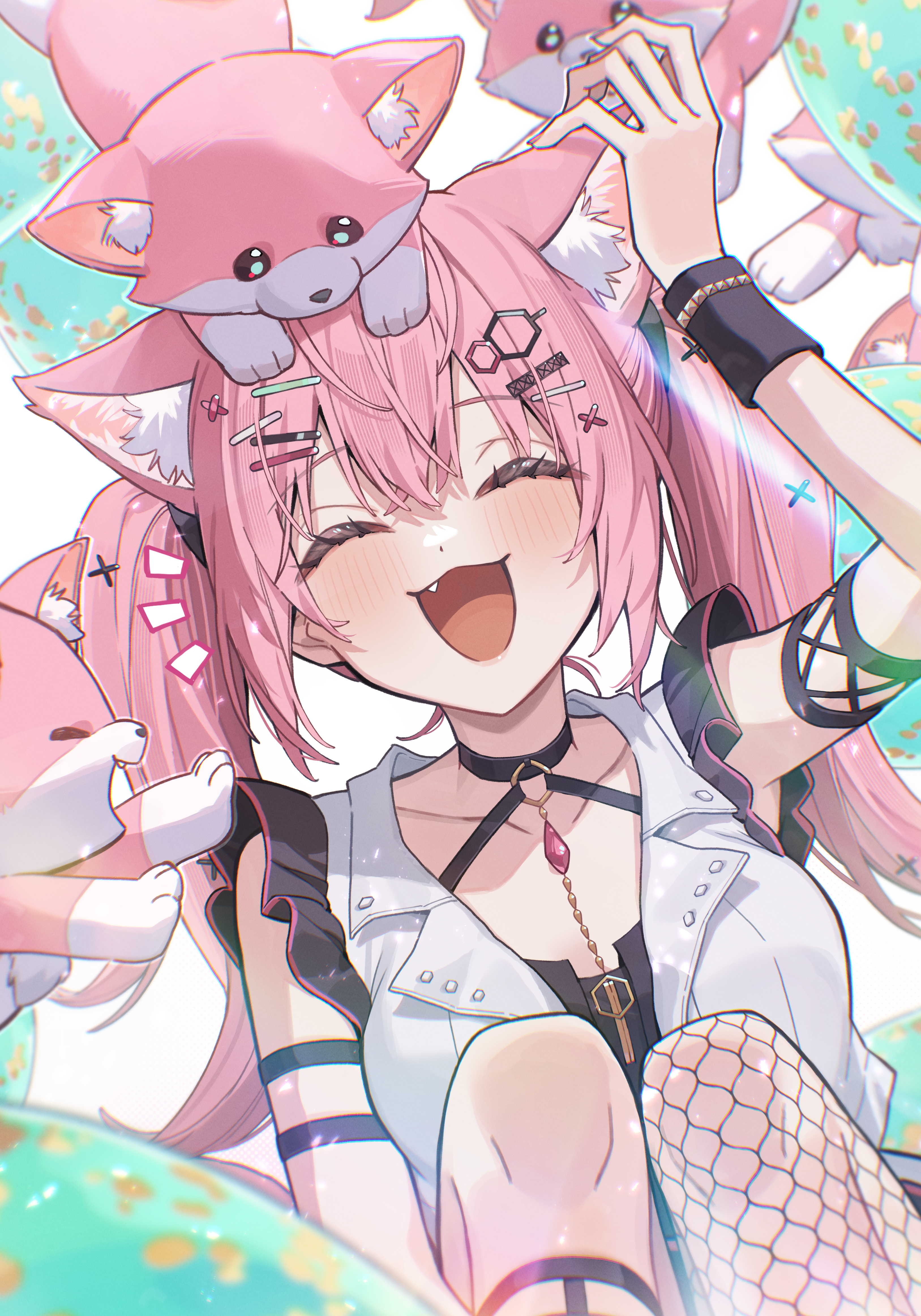 tsukino (nakajimaseiki), hakui koyori, kokoro (hakui koyori), hololive, absurdres, commentary request, highres, 1girl, ^ ^, animal, animal ear fluff, animal ears, animal on head, arm strap, blush, closed eyes, fang, fishnet thighhighs, fishnets, hair ornament, hairclip, hand up, jacket, knees to chest, knees up, long hair, looking at viewer, on head, open mouth, pink hair, single thighhigh, sleeveless, sleeveless jacket, smile, solo, thighhighs, twintails, virtual youtuber, white jacket, wolf ears, wolf girl