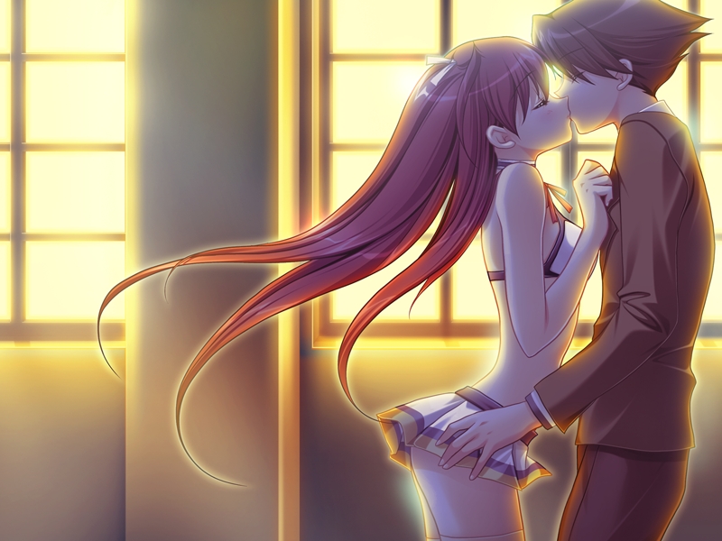 shindou mikeko, haguro risa, cheer moe, game cg, 1boy, 1girl, bikini, bikini skirt, blush, closed eyes, couple, hetero, kiss, long hair, miniskirt, red hair, skirt, sunset, swimsuit