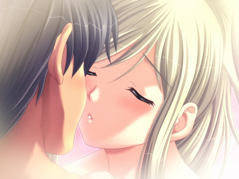 m&m, saionji claire, hitozuma cosplay kissa 2, game cg, source request, 00s, 1boy, 1girl, black hair, blonde hair, blush, close-up, closed eyes, couple, hetero, imminent kiss, kiss, long hair