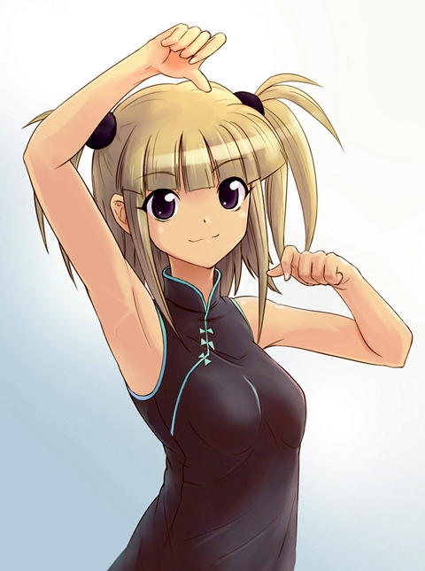 e20, kufei, mahou sensei negima!, 00s, 1girl, armpits, blunt bangs, brown eyes, china dress, chinese clothes, dark-skinned female, dark skin, dress, female focus, gradient background, short hair, smile, solo, tan, twintails