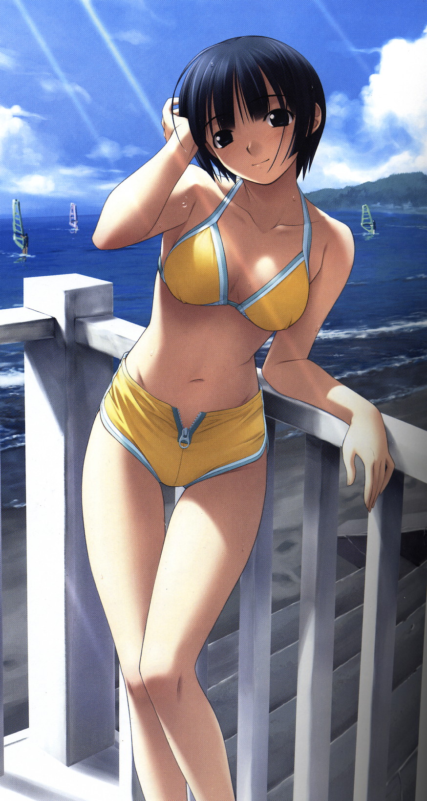hashimoto takashi, ichinose mio, white breath, highres, 1girl, adjusting hair, bikini, black hair, blush, day, female focus, fence, halterneck, leaning, open fly, outdoors, short hair, solo, standing, surfing, swimsuit, unzipped, water, yellow bikini, zipper