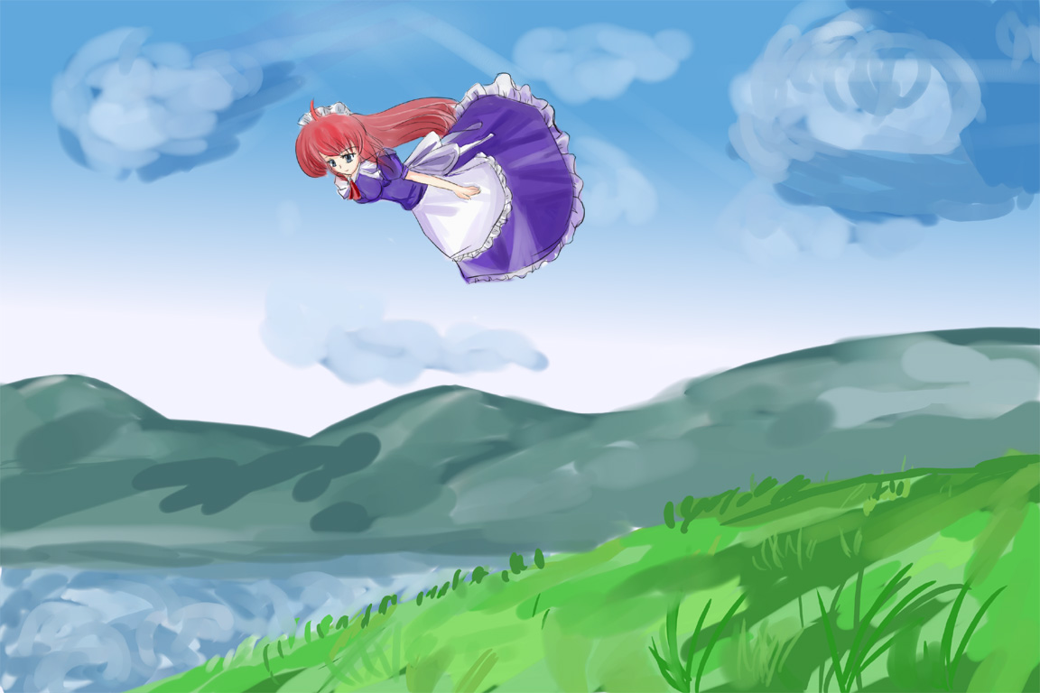 vivit, seihou, 1girl, apron, blue dress, blue sky, day, dress, female focus, field, flying, full body, grass, long hair, long sleeves, maid, maid apron, maid headdress, plant, red hair, river, sky, solo, very long hair, waist apron, water