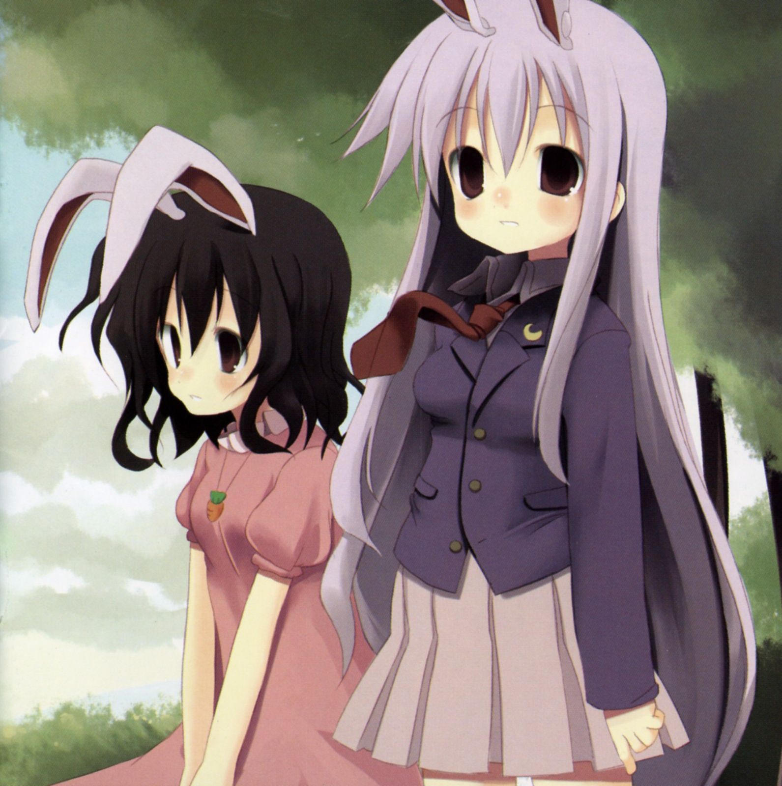 shiro (octet), siro (artist), inaba tewi, reisen udongein inaba, touhou, highres, 2girls, animal ears, dress, female focus, multiple girls, nature, outdoors, plant, rabbit ears, skirt, sky