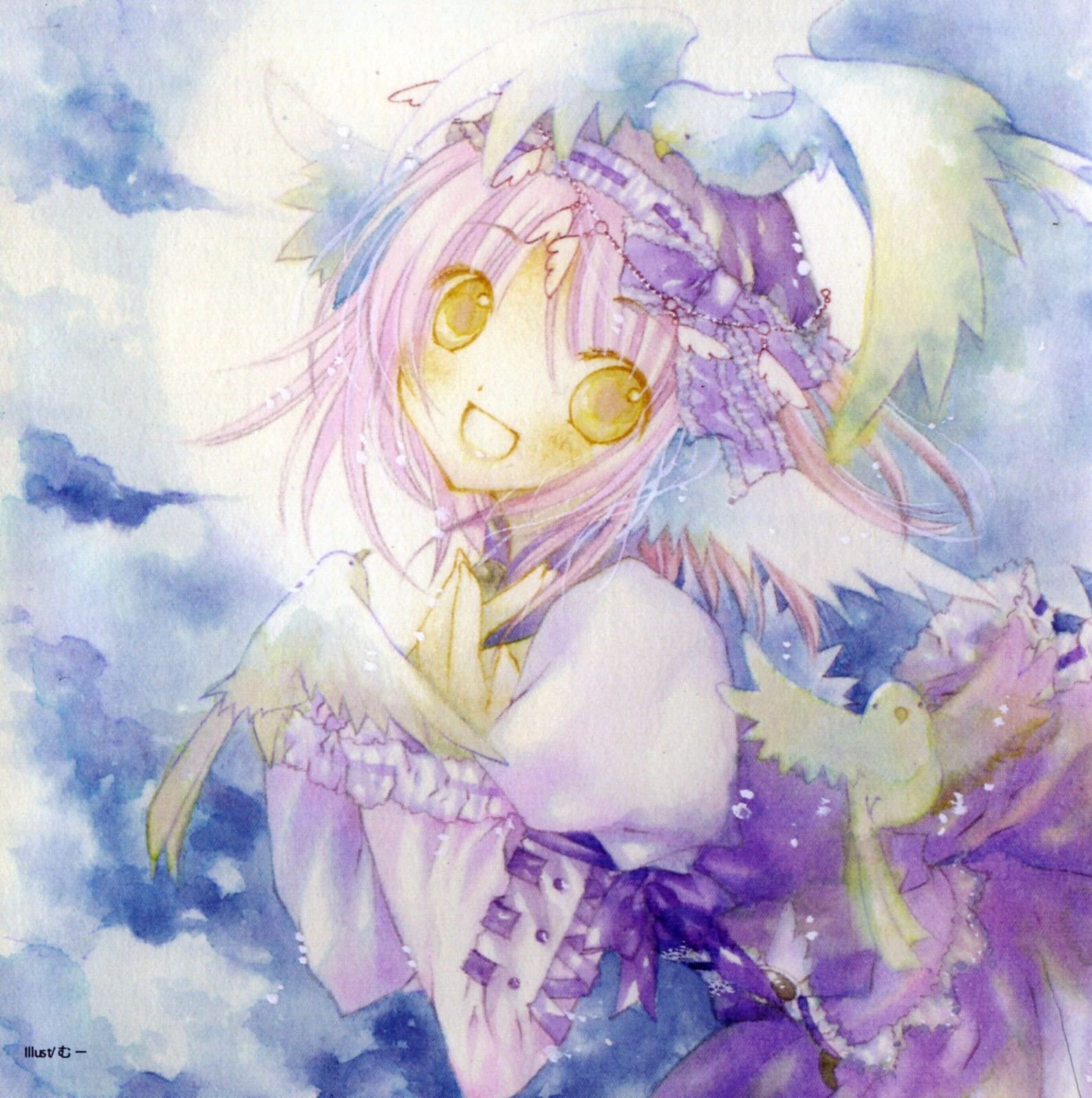mystia lorelei, touhou, highres, 1girl, animal, animal ears, animal on head, bird, bird on head, blush, dress, female focus, hands on own chest, hat, hat ribbon, on head, open mouth, pink hair, purple dress, ribbon, short hair, smile, solo, wings, yellow eyes