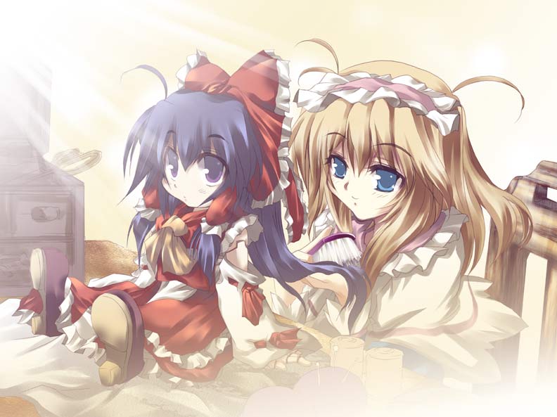 alice margatroid, hakurei reimu, touhou, brush, eyebrows, 1girl, ahoge, ascot, black eyes, black hair, blonde hair, blue eyes, bow, brushing hair, brushing own hair, capelet, chair, character doll, detached sleeves, doll, doll joints, female focus, hair bow, hair tubes, hairband, indoors, joints, long hair, messy hair, needle, pincushion, red bow, red ribbon, red skirt, ribbon, ribbon-trimmed sleeves, ribbon trim, scissors, shoe soles, shoes, sitting, skirt, solo, table, vest