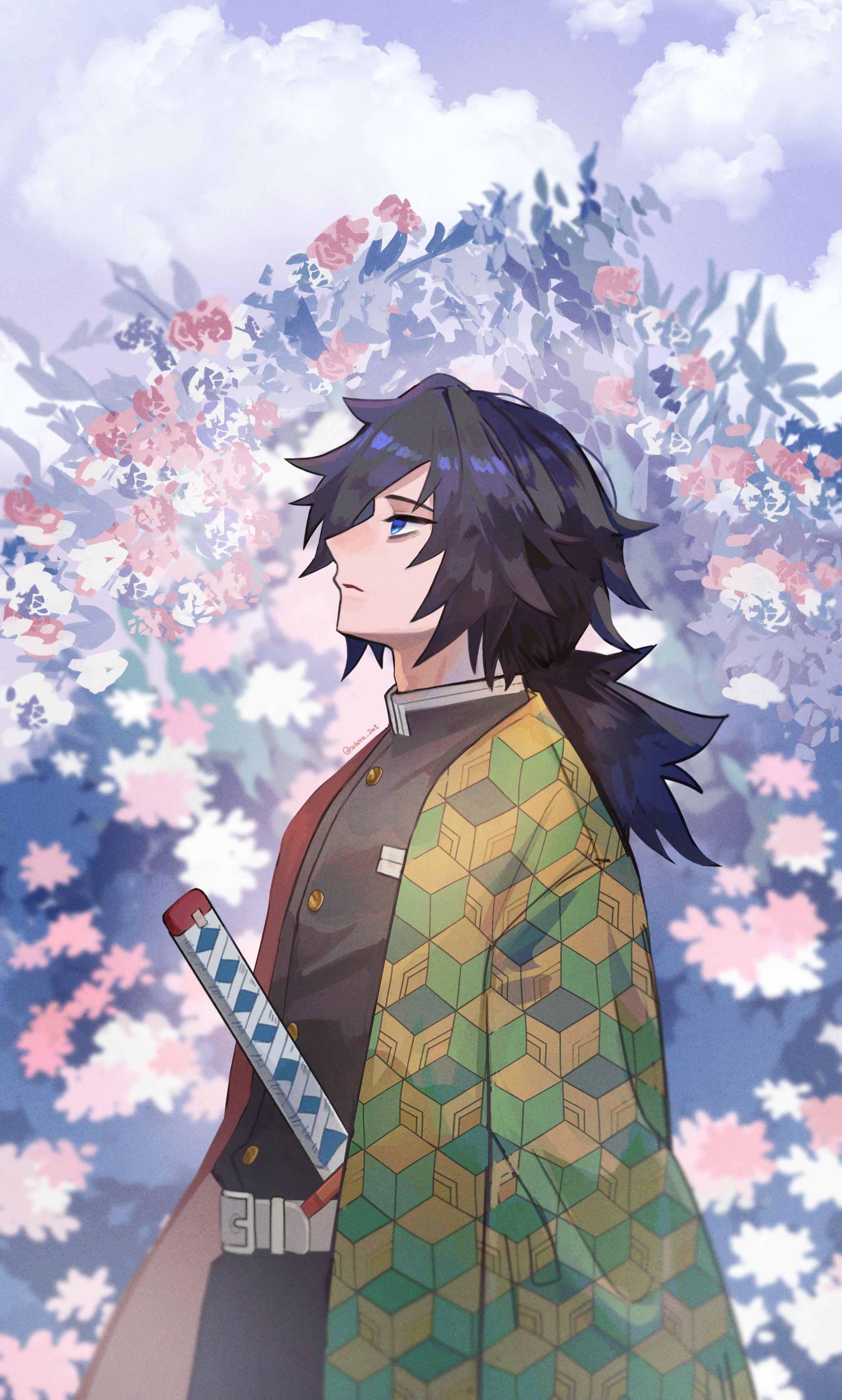 tomioka giyuu, kimetsu no yaiba, absurdres, highres, 1boy, belt, black hair, black jacket, black pants, blue eyes, buttons, closed mouth, cloud, cloudy sky, demon slayer uniform, empty eyes, flower, haori, jacket, japanese clothes, katana, looking up, low ponytail, male focus, outdoors, pants, ponytail, print haori, profile, red haori, sky, soboru jmt, solo, spiked hair, sword, weapon, white belt