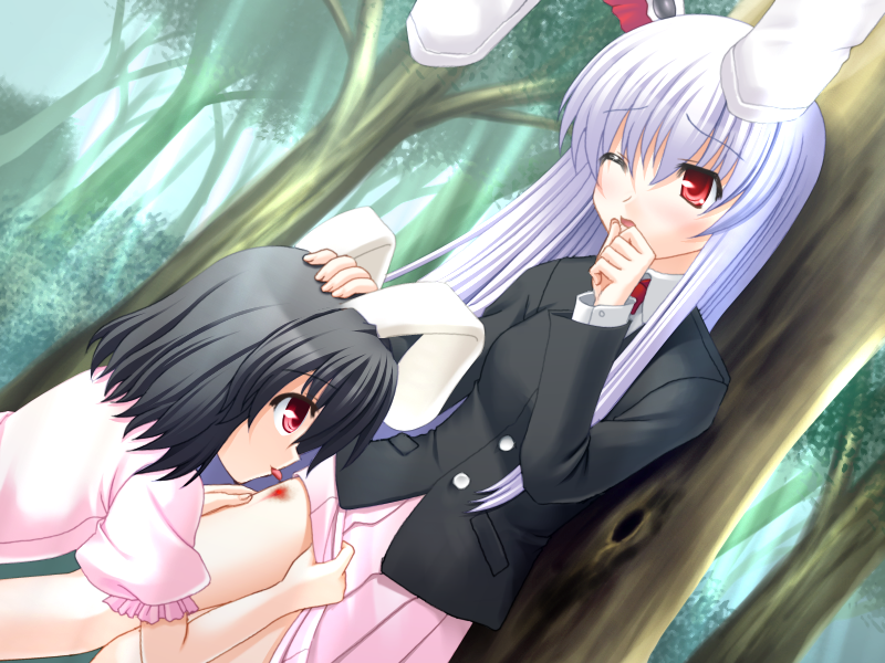 inaba tewi, reisen udongein inaba, touhou, 2girls, animal ears, blood, blush, clothes lift, female focus, injury, licking, multiple girls, rabbit ears, skirt, skirt lift