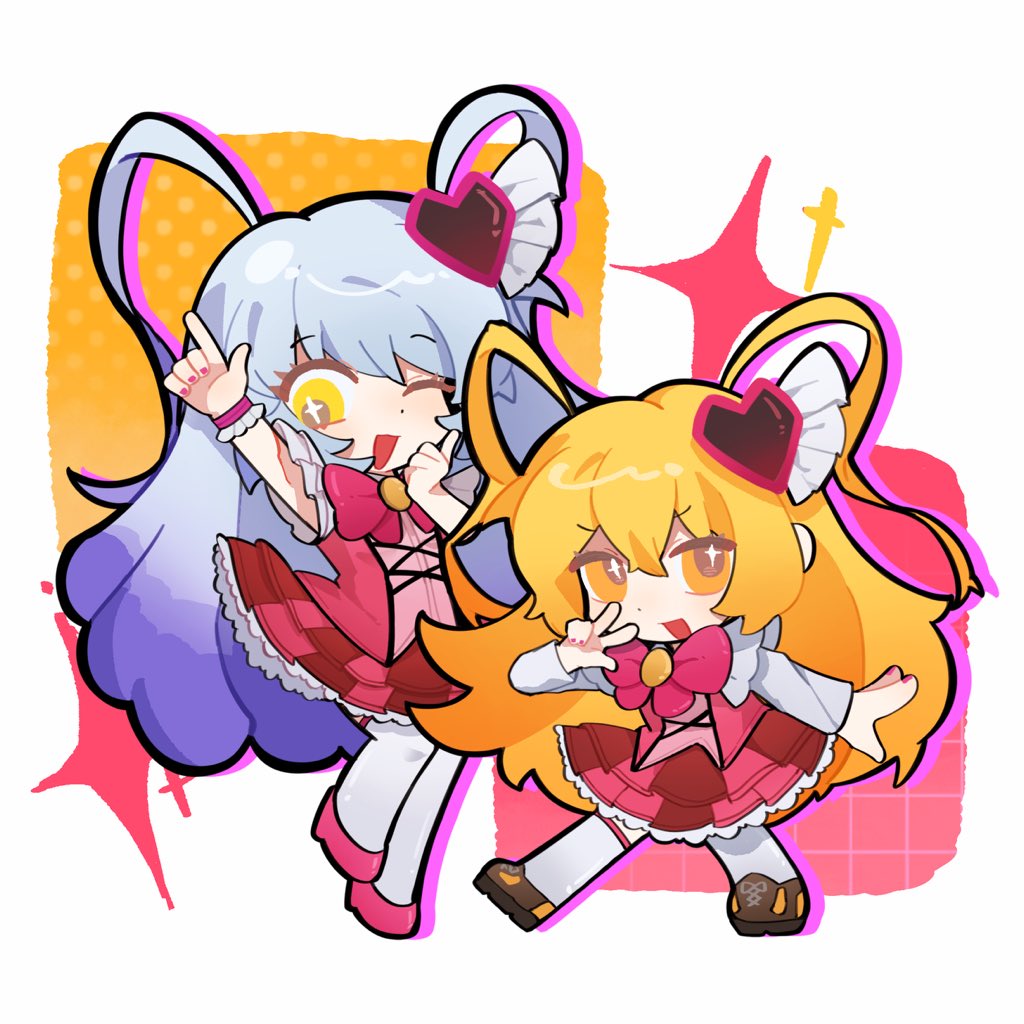 miliniboxx, don quixote (project moon), queen of hatred, limbus company, project moon, 2girls, :d, blonde hair, blue hair, bow, bowtie, brown shoes, chibi, e.g.o (project moon), full body, gradient hair, hair ornament, heart, heart hair ornament, in the name of love and hate (e.g.o), long hair, long sleeves, looking at viewer, magical girl, multicolored hair, multiple girls, open mouth, pink bow, pink bowtie, pink shoes, pink skirt, pink vest, purple hair, shoes, simple background, skirt, smile, standing, thighhighs, two side up, v, vest, white background, white thighhighs, yellow eyes