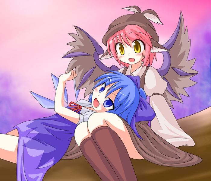 des (namaasi), cirno, mystia lorelei, touhou, 2girls, animal ears, blue eyes, blue hair, blush, bow, brown socks, dress, female focus, hair bow, hat, kneehighs, lap pillow, multiple girls, neck ribbon, pink hair, ribbon, short hair, socks, wings, yellow eyes