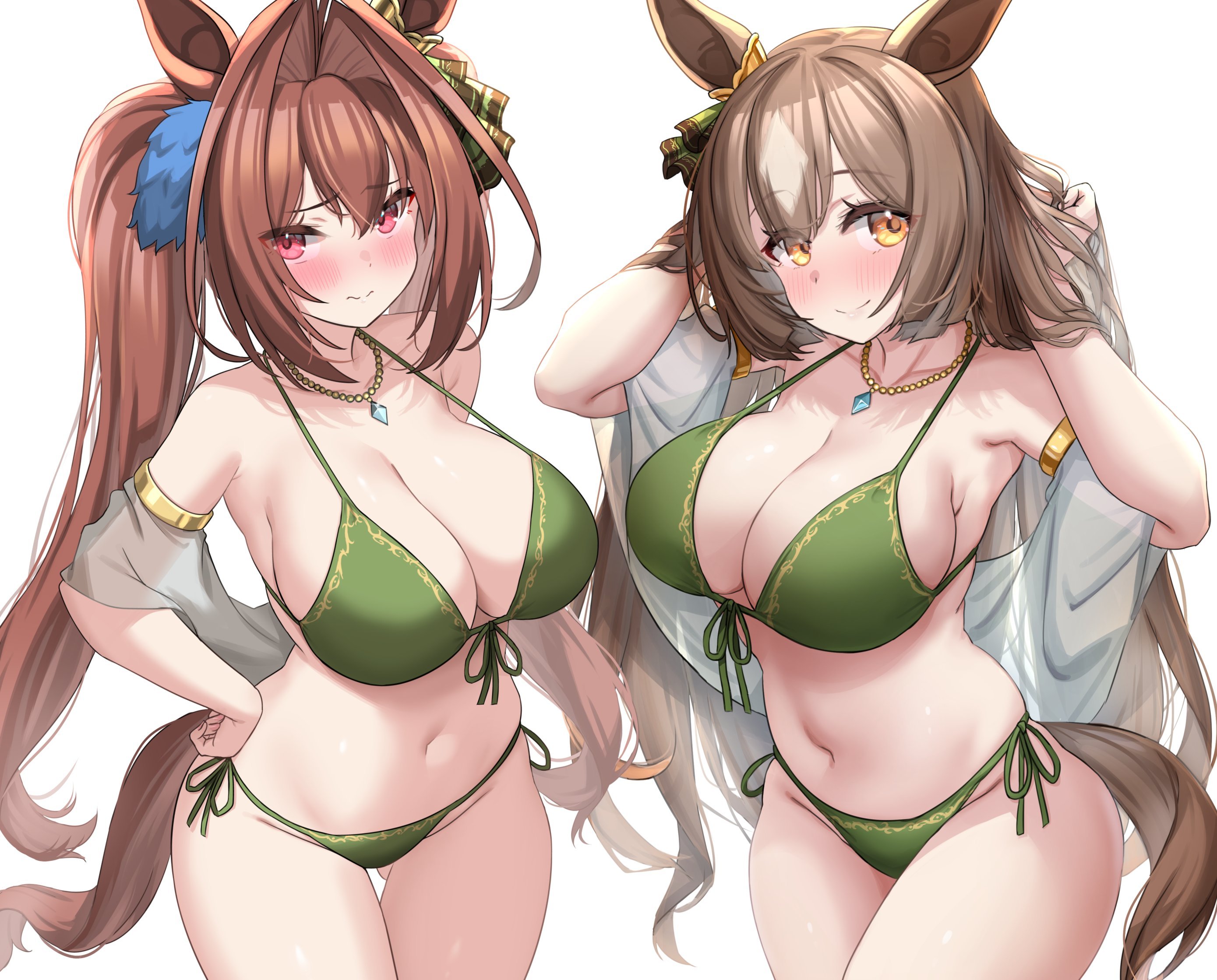 kibihimi, daiwa scarlet (umamusume), satono diamond (umamusume), umamusume, hashtag-only commentary, highres, 2girls, animal ears, armpits, bikini, blush, breasts, brown hair, closed mouth, collarbone, cowboy shot, double-parted bangs, front-tie bikini top, front-tie top, gluteal fold, green bikini, hair between eyes, hair ears, hair ribbon, hands in own hair, hands up, horse ears, horse tail, jewelry, large breasts, long bangs, long hair, looking at viewer, multiple girls, navel, necklace, pearl necklace, raised inner eyebrows, red eyes, ribbon, side-tie bikini bottom, simple background, smile, split mouth, standing, stomach, string bikini, swimsuit, tail, twintails, very long hair, wavy mouth, white background, yellow eyes