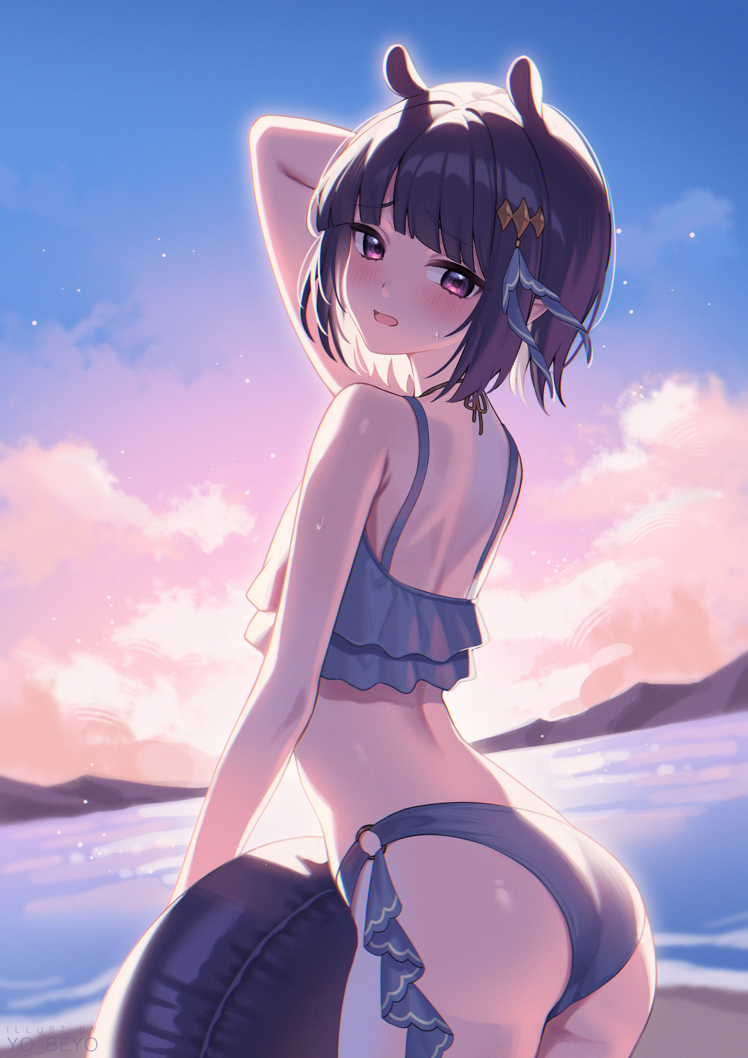 beyo, ninomae ina'nis, ninomae ina'nis (holonatsu paradise), hololive, hololive english, absurdres, commentary, highres, 1girl, arm up, ass, bikini, blunt bangs, bob cut, cloud, cloudy sky, evening, frilled bikini, frills, grey bikini, hair ribbon, holding, holding swim ring, innertube, looking at viewer, o-ring, o-ring bikini, ocean, official alternate costume, official alternate hair length, official alternate hairstyle, open mouth, outdoors, purple eyes, ribbon, short hair, sky, solo, sweat, swim ring, swimsuit, tentacle hair, virtual youtuber