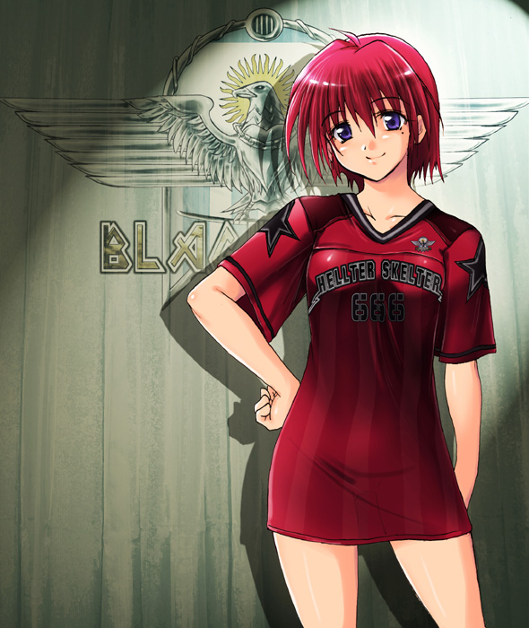 kaiga, hinomoto hikari, tokimeki memorial, tokimeki memorial 2, 1girl, clothes writing, female focus, hand on own hip, jersey, mole, mole under eye, purple eyes, red hair, smile, solo