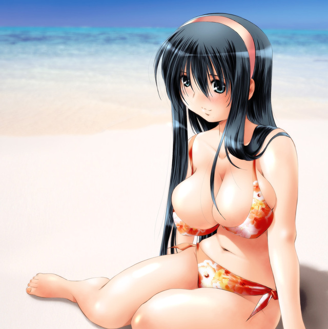 kantori, oono kanako, genshiken, 00s, barefoot, bikini, black hair, breasts, feet, hairband, headband, huge breasts, large breasts, orange bikini, sitting, solo, swimsuit