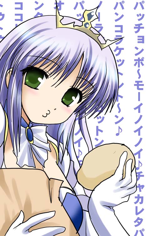 namamo nanase, feena fam earthlight, illyasviel von einzbern, yoake mae yori ruri iro na, translation request, 1girl, bag, blush, female focus, gem, green eyes, grocery bag, holding, looking at viewer, o3o, potato, pout, purple hair, shopping bag, simple background, solo, text focus, tiara, white background