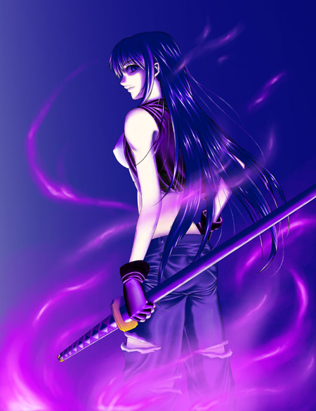 original, tagme, 1girl, blue background, female focus, hand on own hip, holding, holding sword, holding weapon, katana, long hair, solo, sword, torn clothes, very long hair, weapon