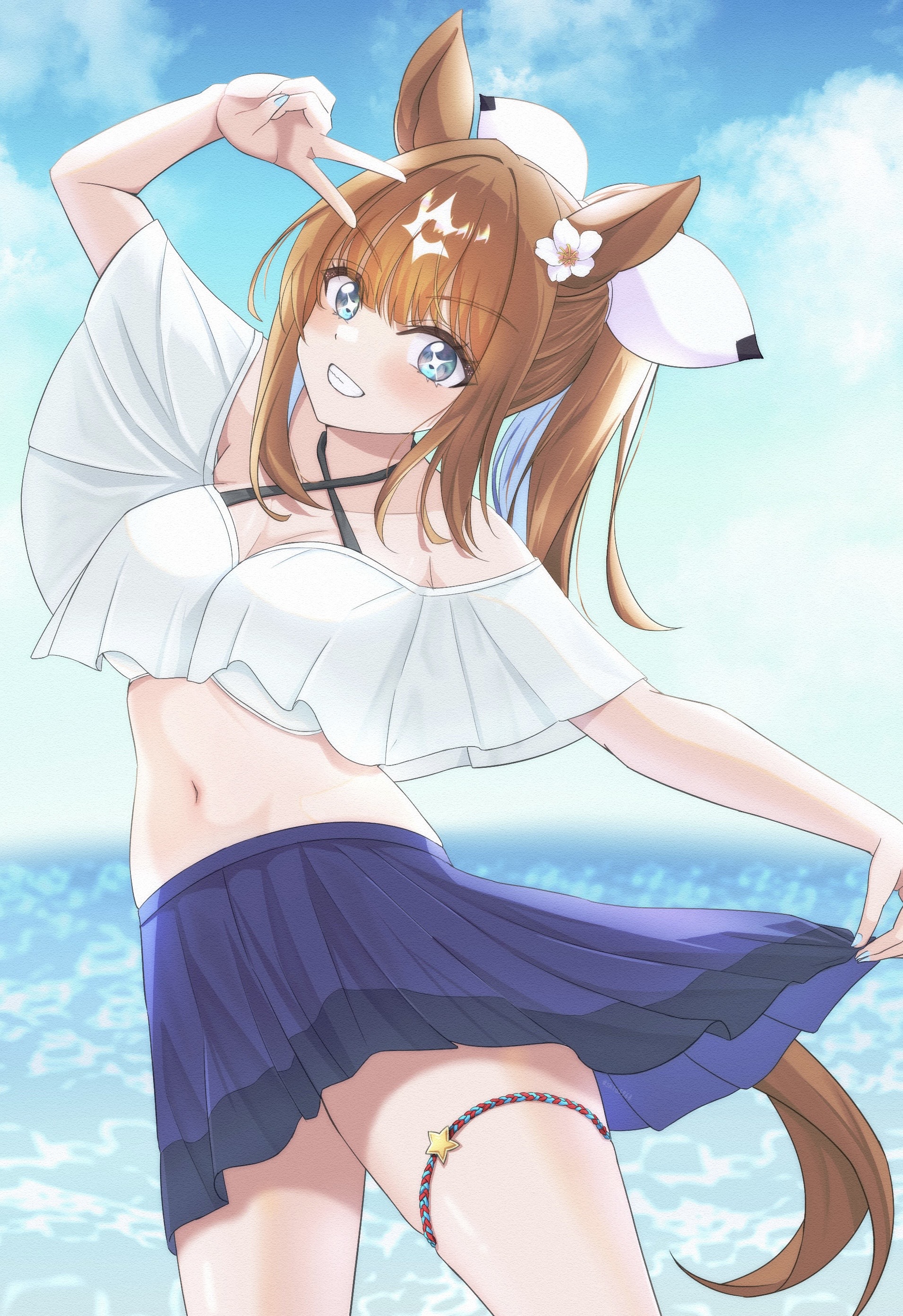 shia0016, almond eye (umamusume), umamusume, absurdres, commentary request, highres, + +, 1girl, alternate costume, animal ears, aqua nails, arm up, bare shoulders, blue eyes, blue hair, blue skirt, blue sky, blush, breasts, brown hair, cleavage, clothes lift, cloud, collarbone, colored inner hair, cowboy shot, criss-cross halter, crop top, day, flower, grin, hair between eyes, hair flower, hair ornament, hair ribbon, halterneck, horse ears, horse girl, horse tail, large breasts, lifting own clothes, long hair, looking at viewer, midriff, multicolored hair, navel, ocean, outdoors, pleated skirt, ponytail, ribbon, shirt, sidelocks, skirt, skirt lift, sky, smile, solo, standing, symbol-shaped pupils, tail, teeth, thigh strap, v, v over head, white hair, white ribbon, white shirt, x-shaped pupils