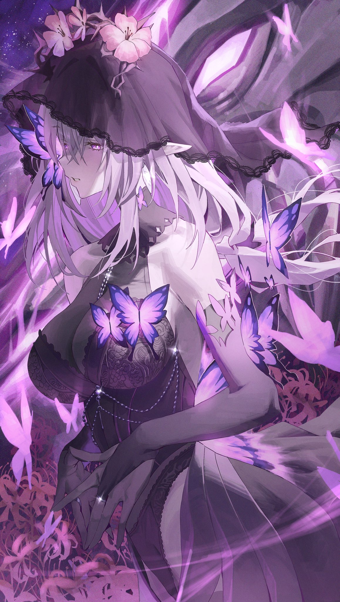 netural, castorice (honkai: star rail), honkai: star rail, honkai (series), commentary, highres, symbol-only commentary, 1girl, alternate costume, bare shoulders, black bridal gauntlets, black dress, black gloves, black panties, black veil, breasts, bridal gauntlets, bug, butterfly, cowboy shot, dress, flower, gloves, insect, jewelry, large breasts, long hair, looking ahead, panties, parted lips, pointy ears, purple butterfly, purple eyes, purple hair, purple pupils, ring, see-through cleavage, see-through clothes, solo, spider lily, steepled fingers, underwear, veil, very long hair
