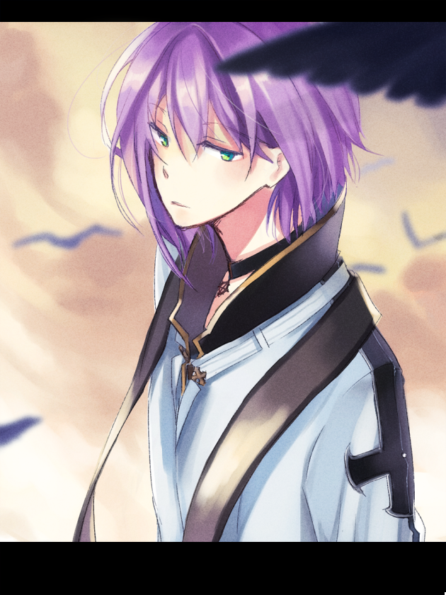 wane (ruki), arch bishop (ragnarok online), ragnarok online, 1boy, bird, black choker, choker, closed mouth, cross, cross choker, cross of prontera, expressionless, green eyes, jacket, letterboxed, looking at viewer, male focus, purple hair, short hair, solo, upper body, white jacket, yellow background
