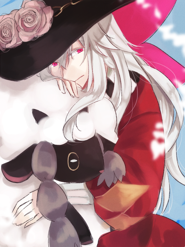 wane (ruki), minstrel (ragnarok online), wooloo, nintendo, pokemon, ragnarok online, 1boy, black hat, blue background, closed mouth, coat, flower, gen 8 pokemon, gloves, grey hair, hat, hat flower, long hair, looking at viewer, male focus, pink flower, pink rose, pokemon (creature), red coat, red eyes, rose, smile, solo, upper body, white gloves, witch hat