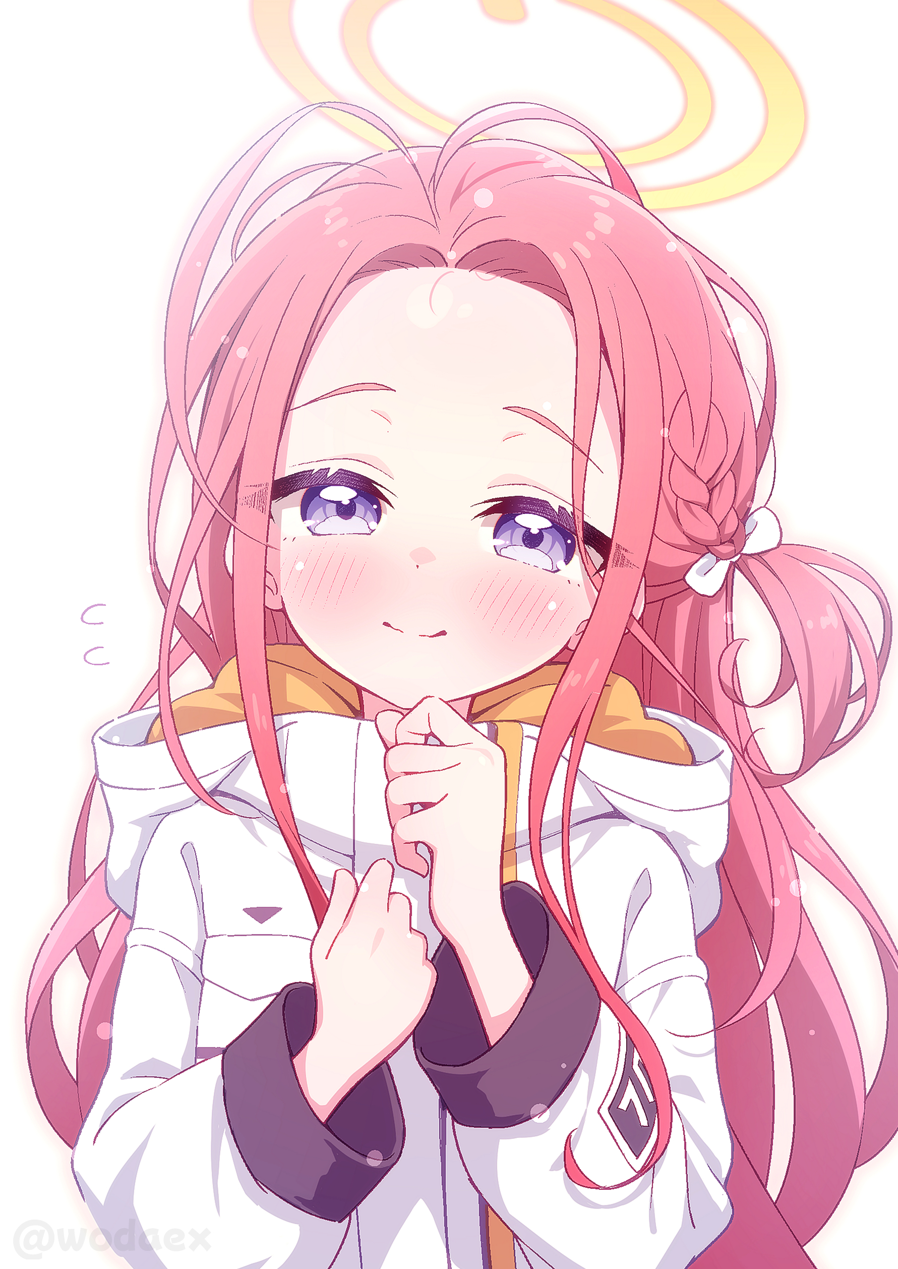 wodaex, yuzu (blue archive), blue archive, absurdres, commentary request, highres, 1girl, blush, bow, braid, closed mouth, flying sweatdrops, forehead, hair bow, halo, hands up, hood, hood down, hooded jacket, jacket, long hair, long sleeves, looking at viewer, one side up, parted bangs, power symbol, purple eyes, red hair, simple background, smile, solo, upper body, very long hair, white background, white bow, white jacket