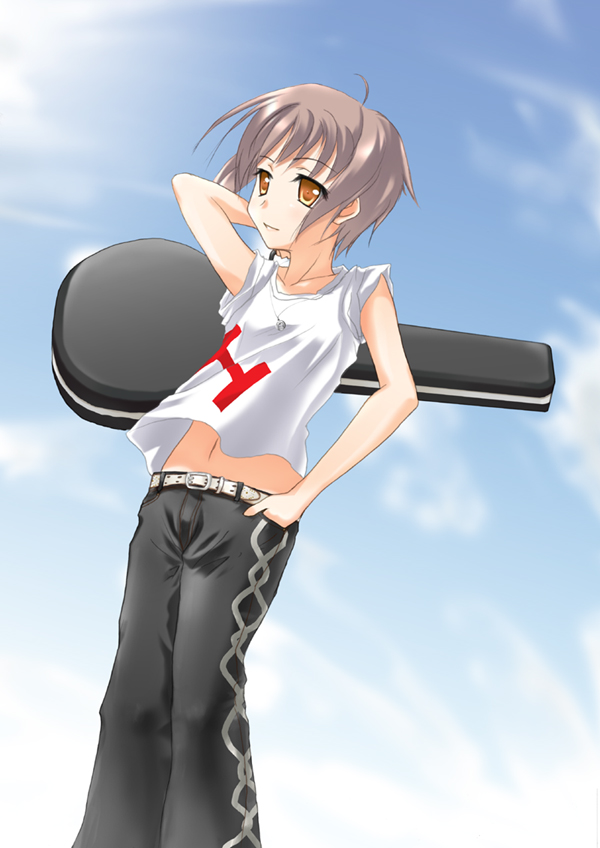 yoshino gaya, nagato yuki, suzumiya haruhi no yuuutsu, eyebrows, silver hair, 00s, 1girl, ahoge, alternate costume, arm up, black pants, blue sky, carrying over shoulder, closed mouth, clothes writing, cloud, day, female focus, from below, guitar, guitar case, hand in pocket, instrument, instrument case, jewelry, navel, necklace, pants, pendant, shirt, short hair, sky, sleeves rolled up, smile, solo, standing, stomach, t-shirt, upshirt, wind, yellow eyes