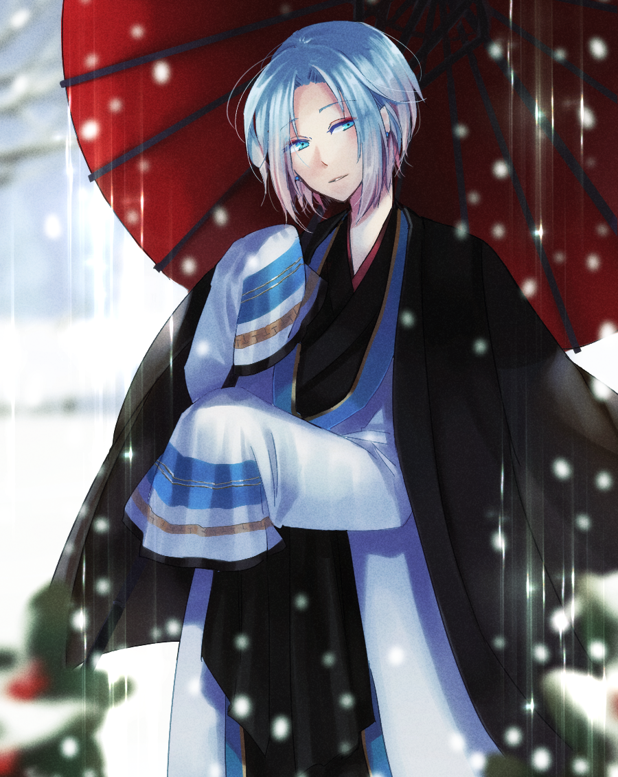 wane (ruki), soul linker (ragnarok online), ragnarok online, 1boy, black hanbok, blue eyes, blue hair, coat, hanbok, holding, holding umbrella, korean clothes, looking at viewer, male focus, oil-paper umbrella, red umbrella, short hair, sleeves past fingers, sleeves past wrists, smile, snow, snowing, solo, umbrella, upper body, white coat