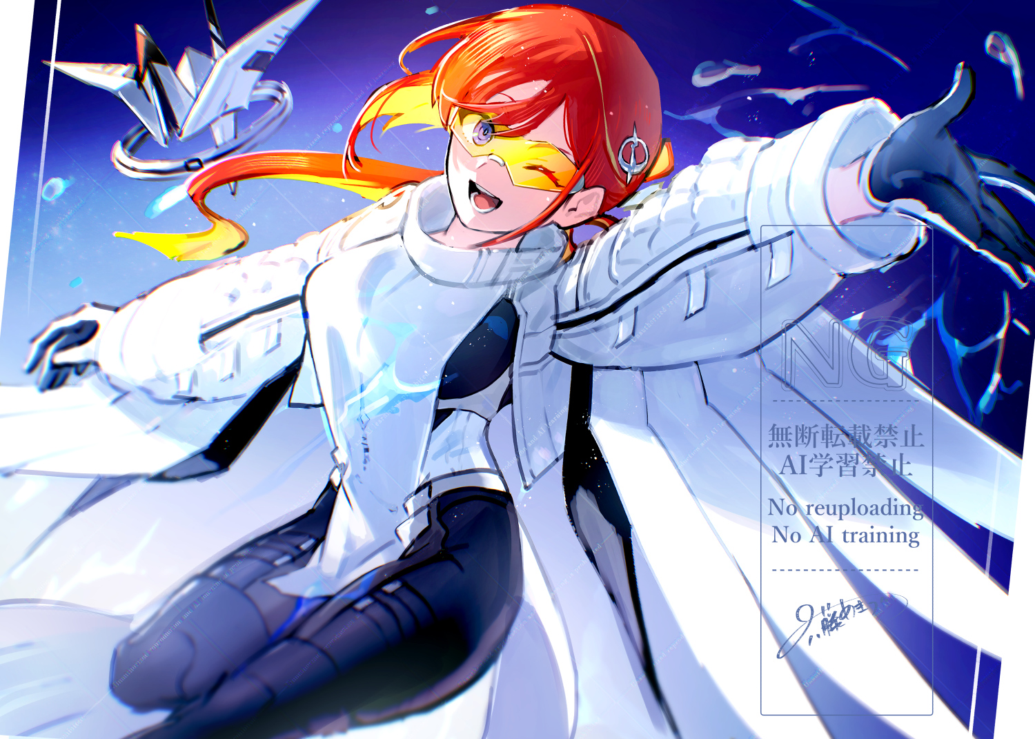 rokufuji m, miss crane (fate), fate/grand order, fate (series), 1girl, black bodysuit, black gloves, blush, bodysuit, breasts, gloves, goggles, hair ornament, jacket, jeunesse crane (third ascension) (fate), large breasts, long hair, long sleeves, looking at viewer, multicolored hair, one eye closed, open mouth, orange hair, pelvic curtain, ponytail, purple eyes, red hair, smile, solo, tabard, two-tone gloves, two-tone hair, white gloves, white jacket, winged sleeves