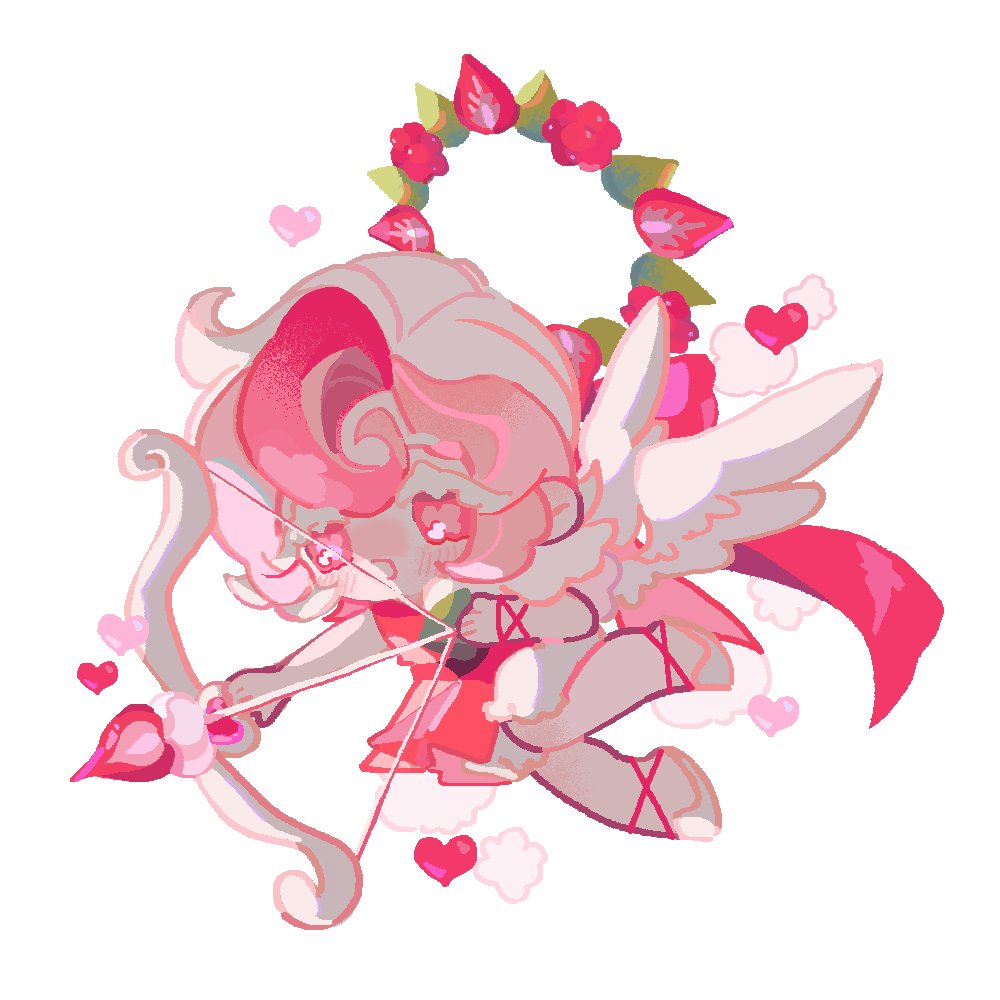 reed, pavlova cookie, cookie run, cookie run: kingdom, commentary, symbol-only commentary, 1boy, :d, angel wings, arrow (projectile), bare arms, bare shoulders, bow (weapon), colored eyelashes, crossdressing, crossdressing (mtf), cupid, double-parted bangs, dress, feathered wings, food, fruit, full body, hair between eyes, halo, heart, holding, holding arrow, holding bow (weapon), holding weapon, humanization, leaf, looking ahead, male focus, multicolored hair, open mouth, pink hair, red dress, red eyes, shoes, short hair, simple background, sleeveless, sleeveless dress, smile, solo, strawberry, strawberry slice, streaked hair, trap, weapon, white background, white eyelashes, white hair, white shoes, wings