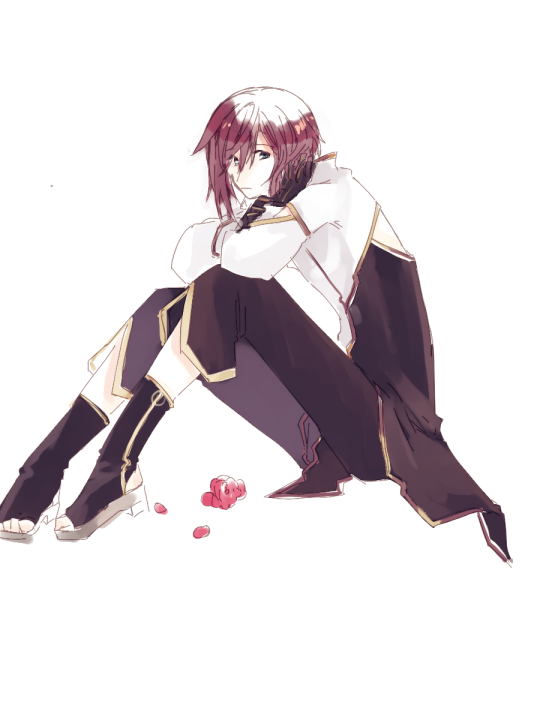 wane (ruki), warlock (ragnarok online), ragnarok online, commentary request, 1boy, black eyes, black pants, black shirt, black shoes, closed mouth, expressionless, full body, looking at viewer, male focus, no cape, official alternate costume, pants, red hair, shirt, shoes, simple background, sitting, solo, two-tone shirt, white background, white shirt